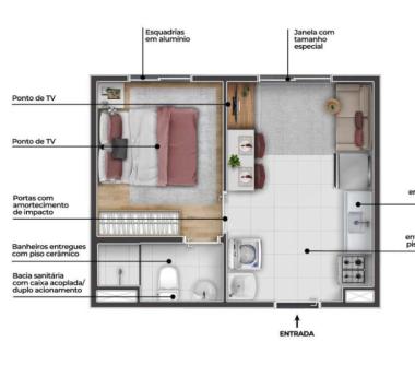 Perspectiva artística da Planta tipo D (Meio) 1 dorm 24,05 m²