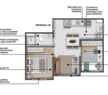 Perspectiva artística da planta tipo A (ponta) 2 dorms 35,08 a 35,66 m²